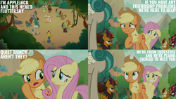 Size: 2000x1125 | Tagged: safe, edit, edited screencap, editor:quoterific, screencap, applejack, autumn afternoon, cinder glow, fern flare, fluttershy, forest fall, maple brown, pumpkin smoke, rain shine, sparkling brook, spring glow, summer flare, winter flame, earth pony, kirin, pegasus, pony, g4, sounds of silence, applejack's hat, cowboy hat, hat