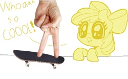 Size: 734x452 | Tagged: safe, artist:marshmallowhors, apple bloom, earth pony, pony, g4, apple bloom's bow, bow, female, filly, foal, hair bow, hand, simple background, skateboard, solo, tech deck, white background