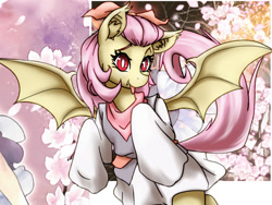 Size: 1024x768 | Tagged: safe, artist:astevenamedwolf, fluttershy, bat pony, pony, g4, alternate hairstyle, bat ponified, clothes, ear fluff, fangs, female, flutterbat, mare, race swap, solo, spread wings, tongue out, wings