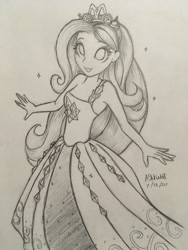 Size: 900x1200 | Tagged: safe, artist:astevenamedwolf, fluttershy, human, costume conundrum, costume conundrum: rarity, equestria girls, g4, my little pony equestria girls: better together, clothes, costume, dress, female, flutterbeautiful, gown, grayscale, jewelry, monochrome, pencil drawing, princess fluttershy, signature, smiling, solo, tiara, traditional art