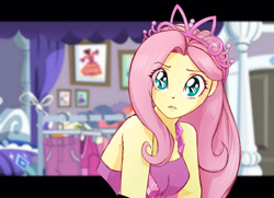 Size: 1024x742 | Tagged: safe, artist:astevenamedwolf, fluttershy, human, costume conundrum, costume conundrum: rarity, equestria girls, g4, my little pony equestria girls: better together, bare shoulders, breasts, clothes, costume, cute, dress, eye clipping through hair, female, jewelry, looking at you, rarity's bedroom, shyabetes, sleeveless, solo, strapless, tiara