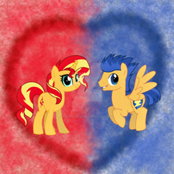 Size: 1280x1280 | Tagged: safe, artist:techknowman1010, flash sentry, sunset shimmer, pegasus, pony, unicorn, g4, duo, female, heart, heart background, male, mare, ship:flashimmer, shipping, stallion, straight