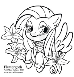 Size: 622x648 | Tagged: safe, artist:marybellamy, fluttershy, pegasus, pony, g4, bust, commission, flower, fluttergoth, goth, lightly watermarked, lineart, simple background, solo, updated image, watermark, white background