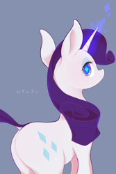 Size: 1370x2048 | Tagged: safe, artist:noupu, rarity, pony, unicorn, g4, blue background, butt, dock, glowing, glowing horn, horn, looking at you, looking back, looking back at you, plot, rearity, simple background, solo, starry eyes, tail, wingding eyes