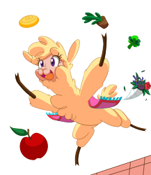 Size: 3145x3618 | Tagged: safe, artist:janji009, paprika (tfh), alpaca, them's fightin' herds, apple, bouquet of flowers, broccoli, cinnamon bun, cloven hooves, community related, female, flower, food, high res, open mouth, open smile, potted plant, simple background, smiling, solo, transparent background