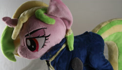 Size: 3888x2222 | Tagged: safe, artist:bastler, oc, oc only, oc:iron sonata, pony, unicorn, fallout equestria, clothes, eye scar, facial scar, female, high res, horn, irl, jumpsuit, mare, photo, plushie, red eyes, scar, solo, unicorn oc, vault suit