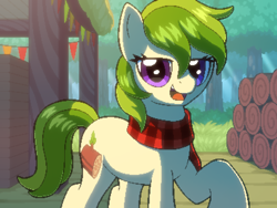 Size: 800x600 | Tagged: safe, artist:rangelost, oc, oc only, oc:stable timber, earth pony, pony, cyoa:d20 pony, clothes, cyoa, earth pony oc, forest, log, looking at you, offscreen character, pixel art, scarf, solo, story included, striped scarf