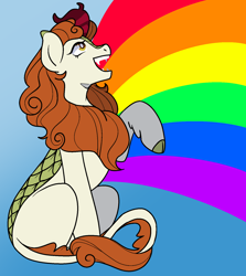 Size: 1400x1572 | Tagged: safe, artist:/d/non, autumn blaze, kirin, g4, a kirin tale, fangs, februpony, female, gradient background, looking up, open mouth, open smile, rainbow, raised hoof, sitting, smiling, solo