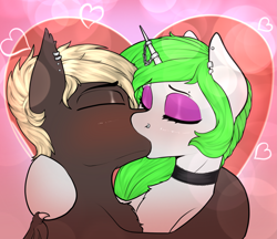 Size: 2625x2270 | Tagged: safe, artist:sketchy knight, oc, oc only, bat pony, pony, unicorn, bat wings, blushing, choker, commission, cute, ear piercing, earring, eyes closed, female, high res, holiday, horn, horn jewelry, horn ring, jewelry, kiss on the lips, kissing, makeup, male, nose piercing, oc x oc, passionate, piercing, ring, shipping, valentine's day, wings, ych result