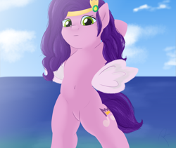 Size: 1280x1080 | Tagged: safe, artist:reinbou, pipp petals, pegasus, pony, semi-anthro, g5, adorapipp, beach, belly, belly button, bipedal, cute, featureless crotch, light, solo