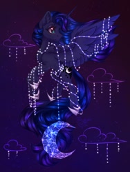 Size: 960x1280 | Tagged: safe, artist:jsunlight, princess luna, alicorn, pony, g4, cloud, female, flying, lights, looking back, mare, needs more jpeg, solo, stars