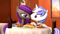 Size: 3840x2160 | Tagged: safe, artist:scratch_wub, oc, oc only, oc:etheria galaxia, oc:scratch wub, alicorn, pony, unicorn, 3d, alcohol, alicorn oc, baguette, bread, dinner, duo, food, high res, holding hooves, holiday, horn, kissing, pasta, romantic, ship:scratchtheria, shipping, source filmmaker, spaghetti, valentine's day, wine, wings