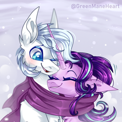 Size: 3000x3000 | Tagged: safe, artist:greenmaneheart, double diamond, starlight glimmer, earth pony, pony, unicorn, g4, clothes, female, high res, male, mare, scarf, shared clothing, shared scarf, ship:glimmerdiamond, shipping, stallion, straight
