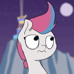 Size: 800x800 | Tagged: safe, artist:marshmallowhors, zipp storm, pegasus, pony, g5, 3:, animated, bust, crystal brighthouse, eyeroll, female, frown, gif, mare, moon, night, prisbeam, solo, stars