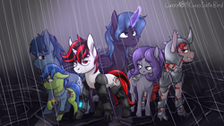 Size: 3840x2160 | Tagged: safe, artist:luckynb, oc, oc only, oc:blackjack, oc:lacunae, oc:morning glory (project horizons), oc:p-21, oc:rampage, oc:scotch tape, alicorn, cyborg, cyborg pony, earth pony, pegasus, pony, unicorn, fallout equestria, fallout equestria: project horizons, 4k, alicorn oc, amputee, armor, artificial alicorn, bandage, belt, cybernetic legs, earth pony oc, eye clipping through hair, eyebrows, eyebrows visible through hair, fanfic, fanfic art, female, glowing, glowing horn, group, helmet, high res, horn, level 2 (project horizons), magic, mare, missing wing, one winged pegasus, pegasus oc, pipbuck, prosthetic eye, prosthetic leg, prosthetic limb, prosthetics, purple alicorn (fo:e), rain, screwdriver, stump, unicorn oc, utility belt, wall of tags, wings, wrench