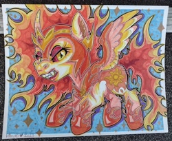 Size: 3337x2736 | Tagged: safe, artist:annuthecatgirl, daybreaker, alicorn, pony, g4, armor, female, gold tooth, high res, mare, solo, spread wings, teeth, traditional art, wings