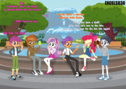 Size: 1291x913 | Tagged: safe, artist:excelso36, apple bloom, button mash, rumble, scootaloo, sweetie belle, tender taps, human, equestria girls, g4, casual, clothes, commission, converse, dialogue, eating, equestria girls-ified, female, food, fountain, ice cream, long socks, male, microskirt, miniskirt, park, pleated skirt, shoes, skirt, socks, suspenders, thigh highs, thigh socks
