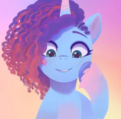 Size: 1913x1883 | Tagged: safe, alternate version, artist:maren, misty brightdawn, pony, unicorn, g5, cropped, cute, female, gradient background, mistybetes, open mouth, open smile, simple background, smiling