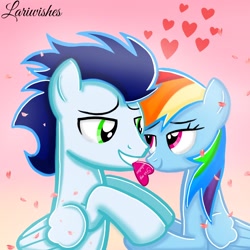 Size: 1400x1400 | Tagged: safe, artist:mlplary6, rainbow dash, soarin', pegasus, pony, g4, boyfriend and girlfriend, card, female, gradient background, heart, hearts and hooves day, holding hooves, holiday, looking at each other, looking at someone, love, male, mare, romantic, ship:soarindash, shipping, smiling, smiling at each other, stallion, straight, valentine's day, valentine's day card