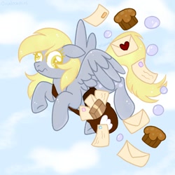 Size: 1080x1080 | Tagged: safe, artist:orcabunnies, derpy hooves, pegasus, pony, g4, female, flying, food, letter, mailmare, mare, muffin