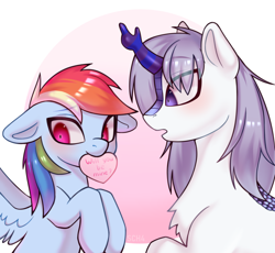 Size: 2332x2148 | Tagged: safe, artist:sch4, rainbow dash, oc, oc:frosty tundra, kirin, g4, blushing, canon x oc, commission, cute, floppy ears, hearts and hooves day, high res, holiday, kirin oc, shipping, simple background, valentine's day, white background, your character here