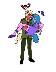 Size: 639x811 | Tagged: safe, alternate version, anonymous artist, derpibooru exclusive, izzy moonbow, sprout cloverleaf, earth pony, unicorn, anthro, g5, bondage, bridal carry, carrying, clothes, cuffs, dress, expressions, female, femsub, glasses, male, maledom, mare, ship:izzysprout, shipping, simple background, stallion, straight, submissive, suit, white background