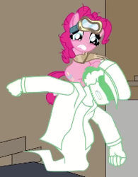 Size: 201x258 | Tagged: safe, artist:fasttoon, edit, pinkie pie, earth pony, ghost, human, pony, undead, g4, clothes, cropped, dumpster, female, friday night funkin', garcello, gloves, goggles, hat, male, mare, ouch, scarf, socks, sweater, worried
