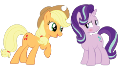 Size: 1950x1050 | Tagged: safe, artist:prixy05, applejack, starlight glimmer, earth pony, pony, unicorn, g4, blushing, duo, duo female, female, lesbian, looking at each other, looking at someone, mare, open mouth, open smile, raised hoof, ship:glimmerjack, shipping, simple background, smiling, smiling at each other, transparent background, vector