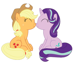 Size: 1500x1350 | Tagged: safe, artist:prixy05, applejack, starlight glimmer, earth pony, pony, unicorn, g4, ^^, boop, cute, duo, duo female, eyes closed, female, freckles, glimmerbetes, jackabetes, lesbian, mare, noseboop, ship:glimmerjack, shipping, simple background, sitting, smiling, transparent background, vector