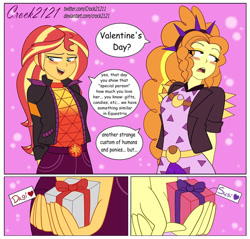 Size: 1280x1222 | Tagged: safe, artist:crock2121, adagio dazzle, sunset shimmer, human, equestria girls, equestria girls specials, g4, my little pony equestria girls: better together, my little pony equestria girls: sunset's backstage pass, blushing, duo, duo female, female, geode of empathy, holiday, lesbian, magical geodes, music festival outfit, present, ship:sunsagio, shipping, simple background, smiling, valentine's day