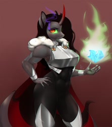 Size: 882x1000 | Tagged: safe, artist:inkypuso, king sombra, unicorn, anthro, g4, abs, armor, breasts, busty queen umbra, cape, clothes, crystal heart, female, fire, gradient background, hand on hip, mare, muscles, muscular female, queen umbra, rule 63, scar, solo
