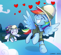 Size: 2504x2240 | Tagged: safe, artist:lummh, rainbow dash, soarin', pegasus, pony, g4, book, clothes, commission, duo, eyes closed, female, grin, hat, heart, high res, male, mare, ship:soarindash, shipping, signature, smiling, spread wings, stallion, straight, wings