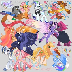 Size: 2000x2000 | Tagged: safe, artist:creeate97, applejack, cheese sandwich, discord, fluttershy, pinkie pie, princess cadance, princess celestia, princess luna, rainbow dash, rarity, shining armor, tempest shadow, twilight sparkle, alicorn, breezie, classical unicorn, draconequus, earth pony, pegasus, pony, unicorn, g4, alternate cutie mark, alternate hairstyle, apple, balloon, blushing, butt fluff, chest fluff, cloven hooves, coat markings, colored horn, cowboy hat, curved horn, draconequified, female, flying, food, gray background, hat, heart, high res, horn, hybrid wings, jewelry, leonine tail, lesbian, looking at you, mane six, older, older applejack, older rainbow dash, ponified, punk, raripunk, regalia, royal sisters, ship:appledash, shipping, siblings, simple background, sisters, socks (coat markings), species swap, tongue out, unshorn fetlocks, wings, zap apple