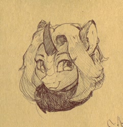 Size: 1236x1280 | Tagged: safe, artist:laymy, oc, oc only, kirin, bust, kirin oc, monochrome, pencil drawing, sketch, smiling, solo, traditional art