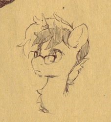 Size: 1163x1280 | Tagged: safe, artist:laymy, oc, oc only, pony, unicorn, bust, glasses, horn, horn ring, monochrome, pencil drawing, ring, sketch, smiling, solo, traditional art