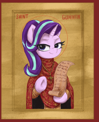 Size: 1735x2135 | Tagged: safe, artist:t72b, starlight glimmer, pony, unicorn, g4, christianity, clothes, cross, cross necklace, eye clipping through hair, eyebrows, female, fine art parody, halo, historical roleplay starlight, holiday, hoof hold, ikon, jewelry, looking at you, mare, necklace, orthodox, raised hoof, robe, saint, smiling, smiling at you, solo, valentine's day