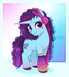 Size: 2154x2399 | Tagged: safe, artist:syrupyyy, misty brightdawn, pony, unicorn, g5, blushing, bracelet, cornrows, cute, female, freckles, headphones, high res, jewelry, looking at you, mare, mistybetes, solo, toy interpretation, unshorn fetlocks