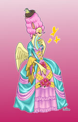 Size: 1027x1594 | Tagged: safe, artist:ddddaikon, fluttershy, bird, butterfly, human, g4, alternate hairstyle, beehive hairdo, bird nest, blushing, clothes, dress, eared humanization, eyes closed, fan, female, gown, gradient background, humanized, nest, pixel art, pony coloring, solo, winged humanization, wings