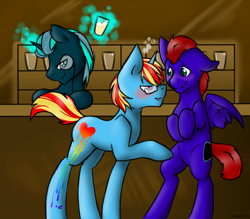 Size: 1280x1120 | Tagged: safe, artist:sinclair2013, oc, oc only, pegasus, pony, unicorn, bipedal, blushing, drunk, gay, levitation, looking at each other, looking at someone, magic, male, shipping, stallion, telekinesis