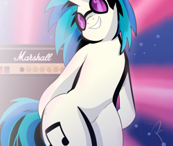 Size: 1280x1080 | Tagged: safe, artist:reinbou, dj pon-3, vinyl scratch, pony, unicorn, semi-anthro, g4, arm hooves, female, guitar amplifier, light, mare, marshall jcm 800, simple background, solo