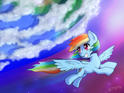 Size: 1200x900 | Tagged: safe, artist:empyu, rainbow dash, pegasus, pony, g4, cloud, earth, eye clipping through hair, female, flying, grin, looking back, mare, signature, sky, smiling, solo, spread wings, wings