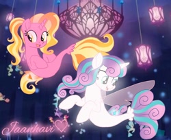Size: 1016x830 | Tagged: safe, artist:jaanhavi, luster dawn, princess flurry heart, alicorn, pony, seapony (g4), unicorn, g4, base used, bubble, dorsal fin, female, fin wings, fins, fish tail, flowing mane, flowing tail, glowing, happy, horn, mare, ocean, open mouth, open smile, orange eyes, orange mane, seaponified, seapony flurry heart, seapony luster dawn, seaquestria, signature, smiling, species swap, swimming, tail, underwater, water, wings