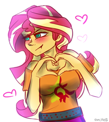 Size: 1800x1999 | Tagged: safe, artist:yuris, sunset shimmer, human, equestria girls, g4, my little pony equestria girls: better together, blushing, breasts, colored pupils, female, heart hands, holiday, reaction image, simple background, sketch, solo, valentine, valentine's day, white background