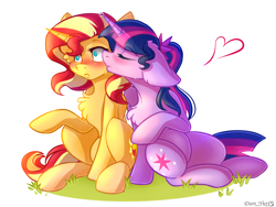 Size: 1800x1350 | Tagged: safe, artist:yuris, sci-twi, sunset shimmer, twilight sparkle, pony, unicorn, g4, blushing, cheek kiss, chest fluff, colored pupils, duo, duo female, equestria girls ponified, eyes closed, female, floppy ears, glasses off, grass, holiday, kissing, lesbian, lgbt, mare, missing accessory, open mouth, ship:sci-twishimmer, ship:sunsetsparkle, shipping, simple background, sitting, unicorn sci-twi, valentine, valentine's day, white background