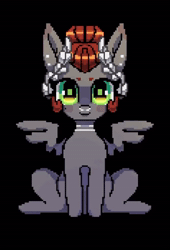 Size: 670x986 | Tagged: safe, artist:rottengotika, oc, oc only, oc:void, pegasus, pony, animated, black background, ear flick, female, laurel wreath, lidded eyes, looking at you, loop, mare, no sound, nose piercing, nose ring, piercing, pixel art, simple background, solo, spread wings, webm, wings