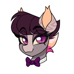 Size: 2000x2000 | Tagged: safe, artist:sickly-sour, oc, oc only, bat pony, pony, bat pony oc, bowtie, bust, eyebrows, eyebrows visible through hair, high res, lidded eyes, looking at you, portrait, simple background, smiling, solo, white background