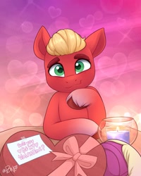 Size: 1641x2048 | Tagged: safe, artist:rivin177, sprout cloverleaf, oc, oc:malarkey, earth pony, pony, g5, candle, canon x oc, commission, cute, heart, heart eyes, holiday, looking at you, male, offscreen character, pov, signature, solo focus, sproutbetes, stallion, valentine, valentine's day, wingding eyes, ych result