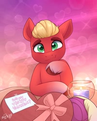 Size: 1641x2048 | Tagged: safe, artist:rivin177, sprout cloverleaf, oc, oc:malarkey, earth pony, pony, g5, candle, canon x oc, commission, cute, heart, heart eyes, holiday, looking at you, male, offscreen character, pov, signature, silly, silly pony, solo focus, sproutbetes, stallion, valentine, valentine's day, wingding eyes