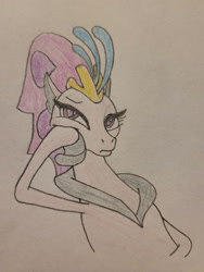 Size: 774x1032 | Tagged: safe, artist:studentsixenjoyer, queen novo, seapony (g4), g4, my little pony: the movie, bored, collar, crown, drawing, eyelashes, female, fins, jewelry, mare, purple eyes, purple mane, reaction image, regalia, simple background, solo, traditional art, unamused, unimpressed, white background