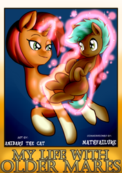 Size: 3720x5244 | Tagged: safe, artist:anibaruthecat, stellar flare, oc, oc:cyan sand, earth pony, pony, unicorn, comic:my life with older mares, g4, absurd resolution, canon x oc, coat markings, colt, comic, cover, duo, explicit source, female, foal, levitation, lidded eyes, looking at each other, looking at someone, magic, male, mare, socks (coat markings), telekinesis